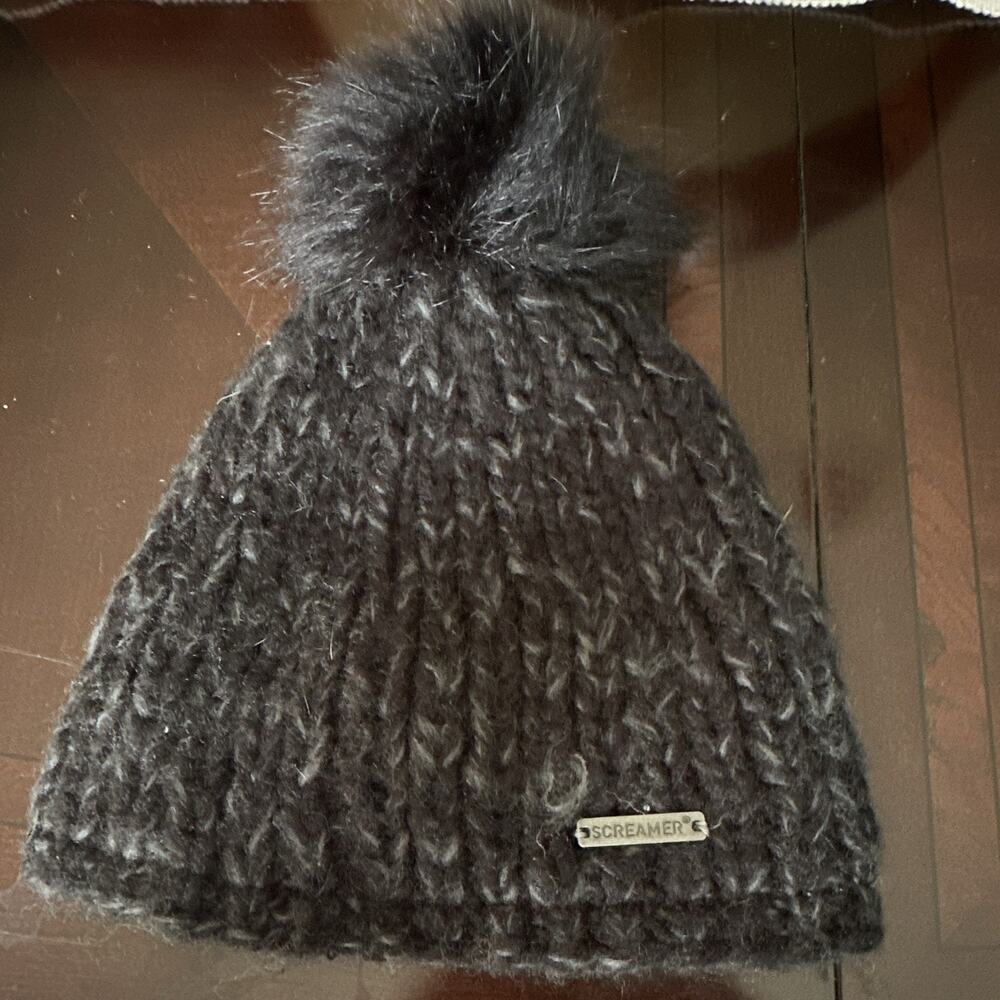 Screamer Madelyn Knit Beanie Hat Carbon Charcoal Pom Pom Handmade Women Winter